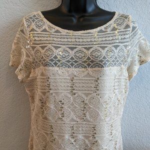 Midi-length Short-sleeve Dress with Lace and Sequin Overlay